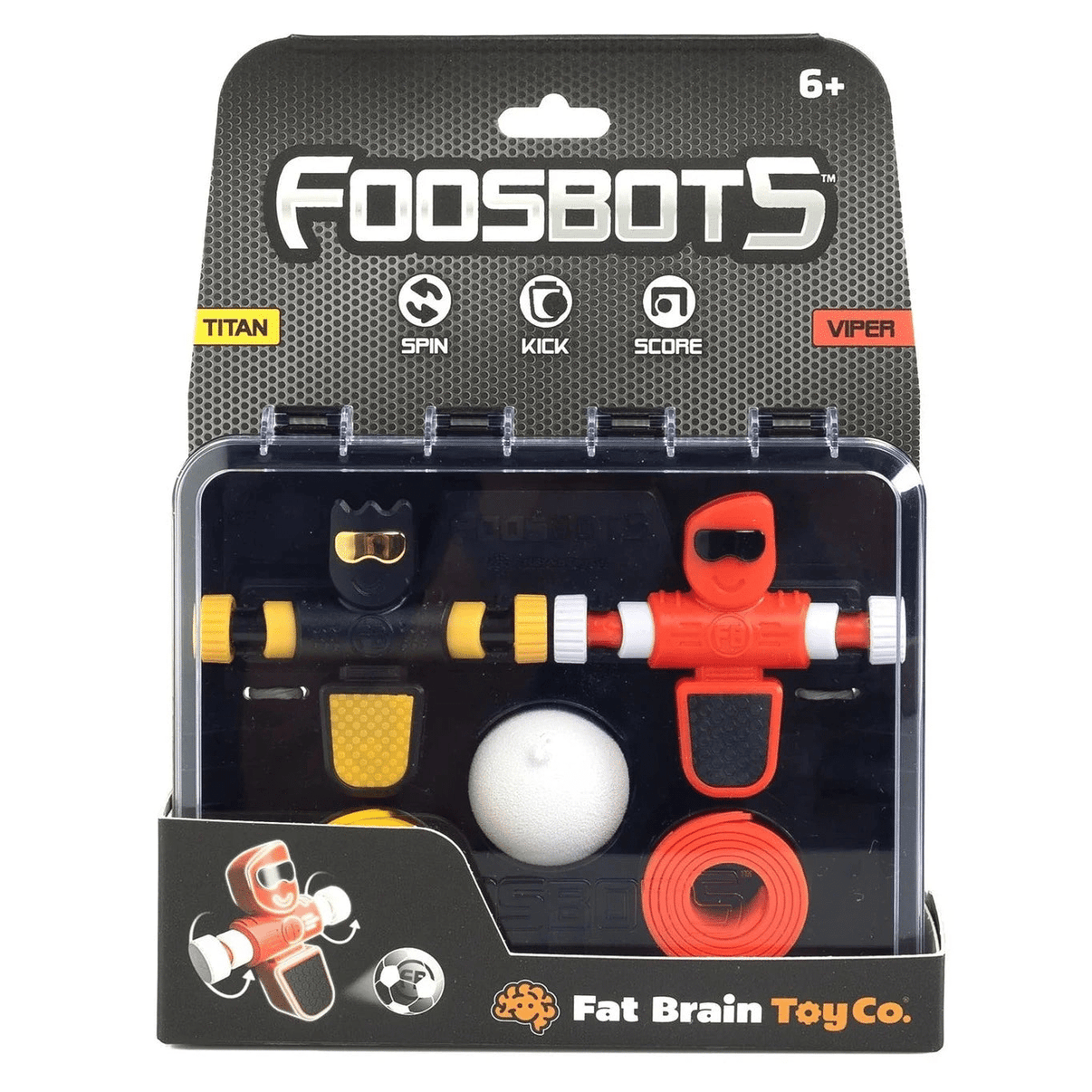Foosbots mini foosball game set in blister pack, orange and black player figures