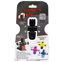 Foosbots Fury black robot toy in retail package, with black body and red visor