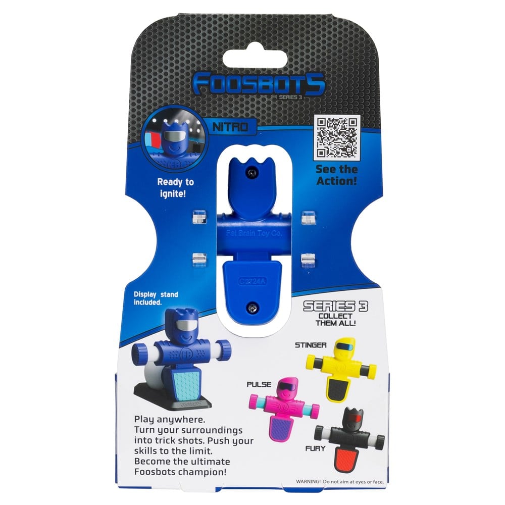 Foosbot Nitro blue robot toy in retail package