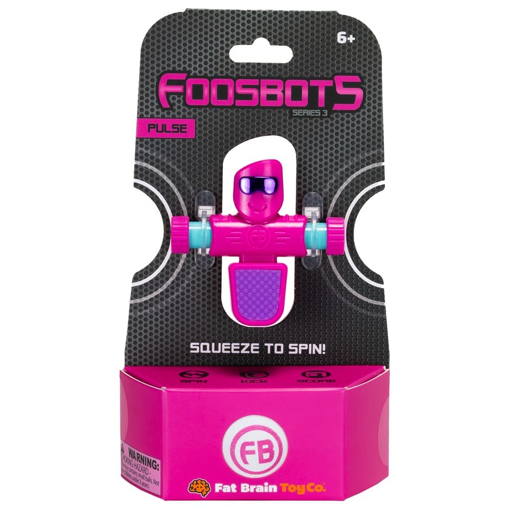 Foosbot Pulse pink robot toy in blister pack with teal handles