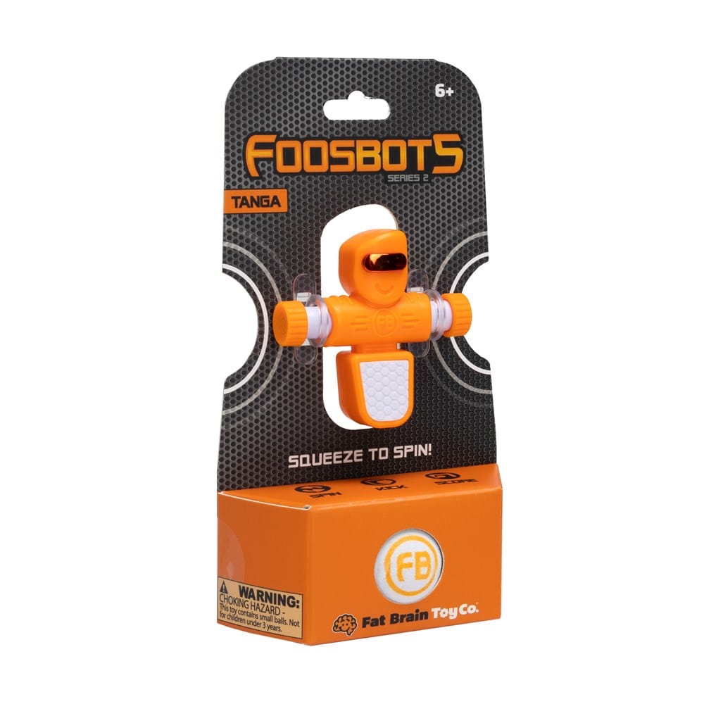 Foosbots Tanga orange spinning robot toy in retail blister packaging