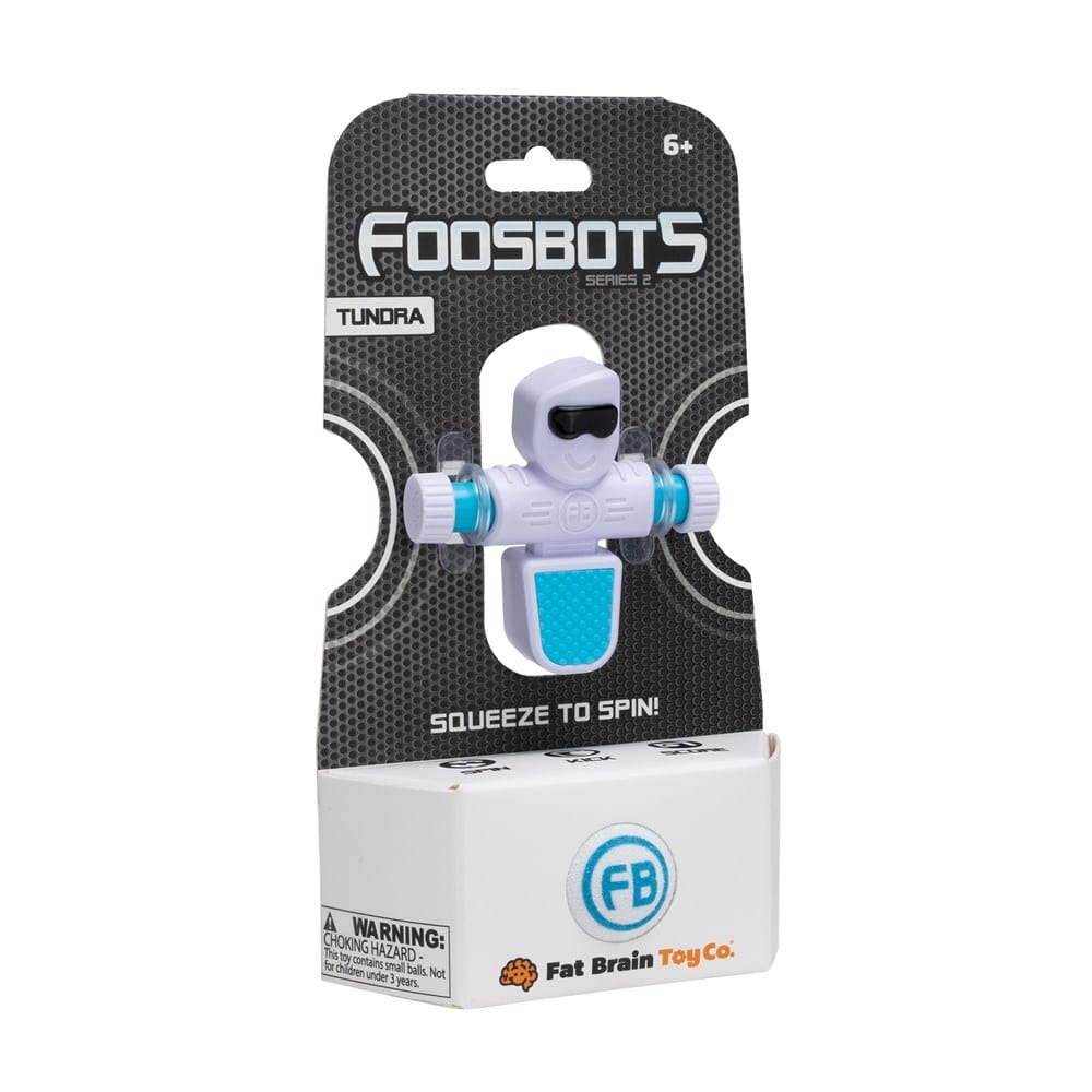 Foosbots tundra robot figure in white with blue accents, on retail packaging