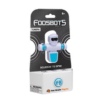 Foosbots tundra robot figure in white with blue accents, on retail packaging