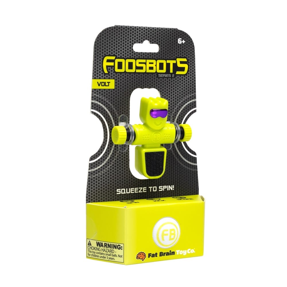 Volt foosbot single robot toy with lime green body and purple visor detail