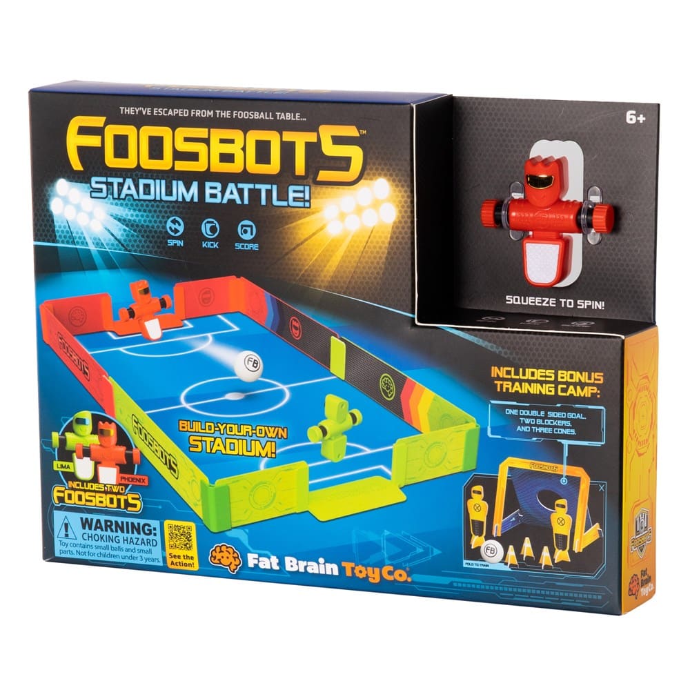 Foosbots Stadium Battle foosball game box with red foos figure and stadium playset