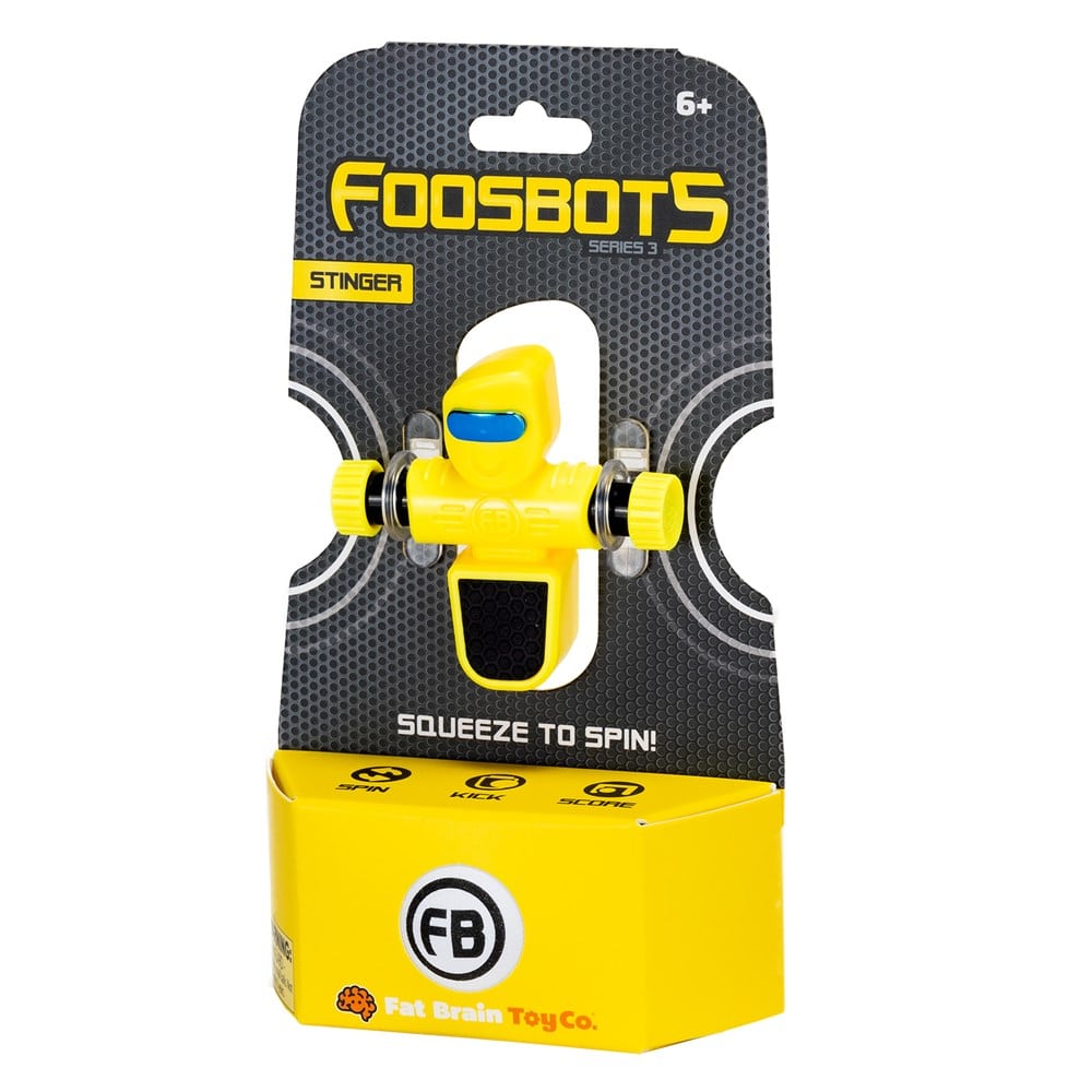 Yellow FoosBot Stinger toy robot on retail package, black spinning knobs
