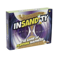 In-Sand-ity sand timer game box, purple and green with logo and vials
