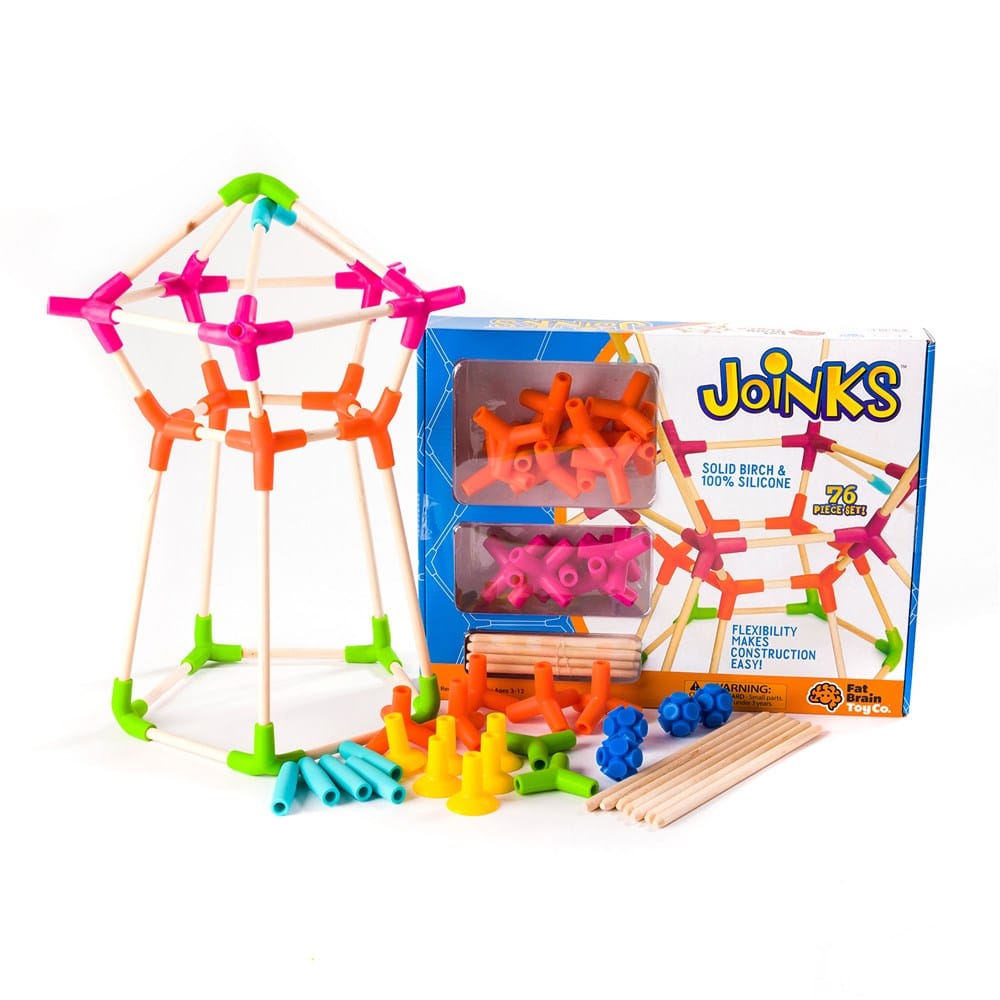 Joinks building set with colorful connectors and wooden sticks, shown with box packaging