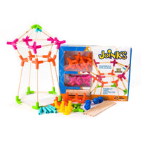 Joinks building set with colorful connectors and wooden sticks, shown with box packaging