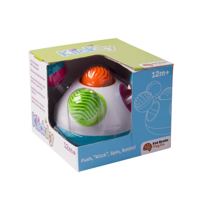 Fat Brain Toys Klickity Toy retail box with 12m+ push-and-spin ball toy