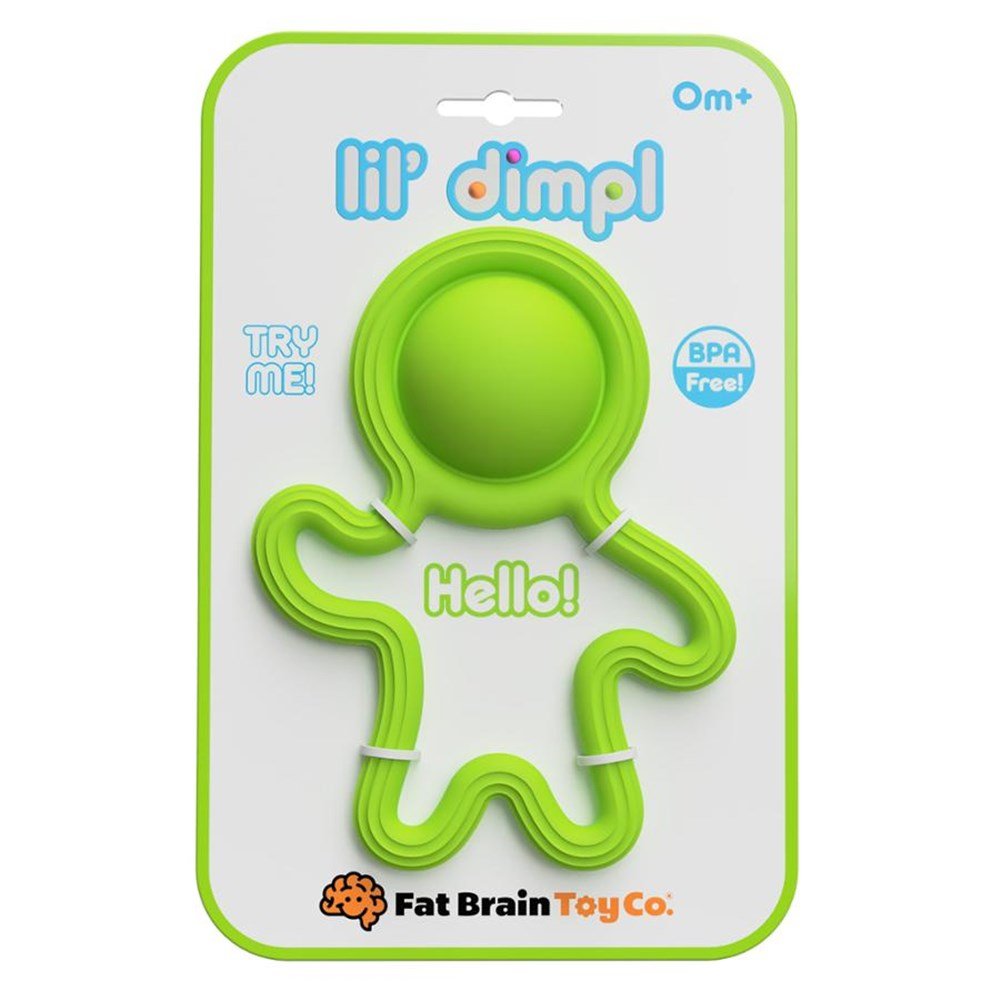 Green sensory toy shown on retail blister card with 0m+ label