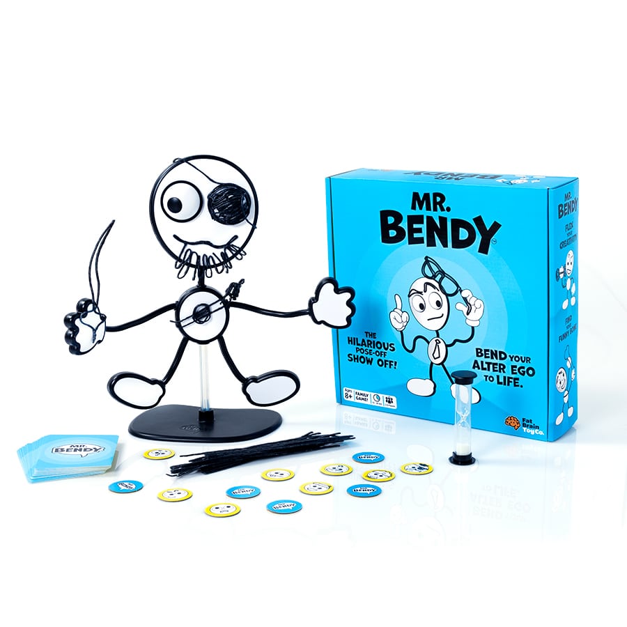 Mr. Bendy bendable character figurine with stand and accessories on table