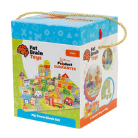 Fat Brain Toys town block set box with building scene graphics and guarantee