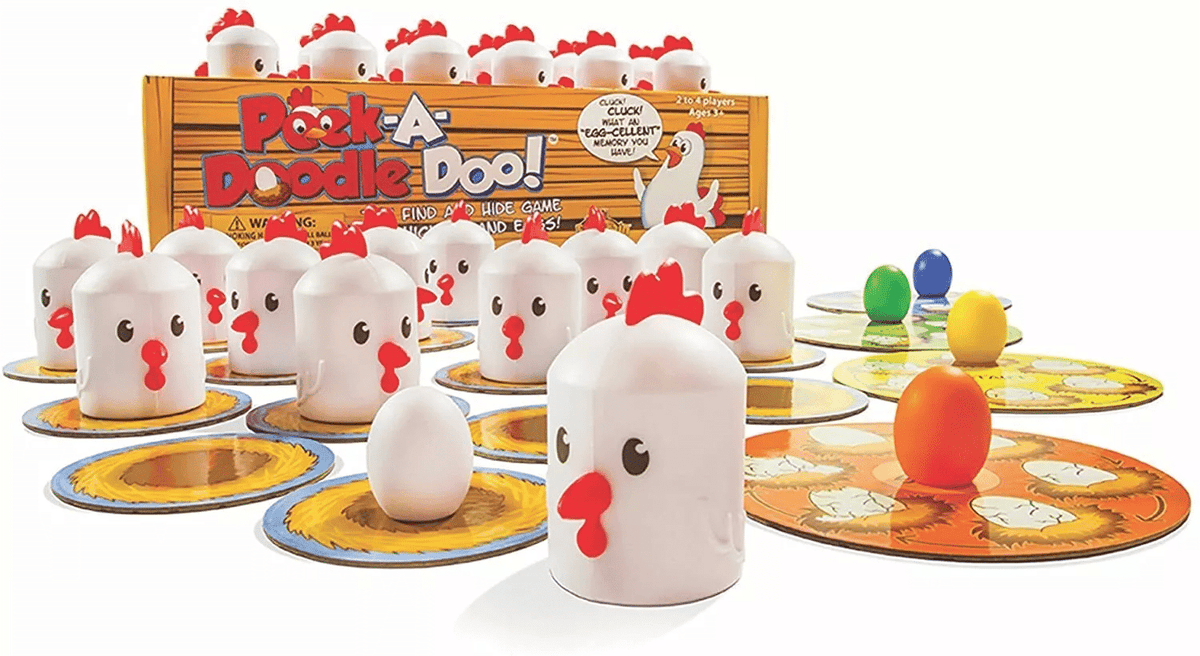 Chicken cup game set with white chicken figures and red combs on base plates