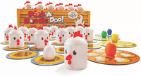 Chicken cup game set with white chicken figures and red combs on base plates
