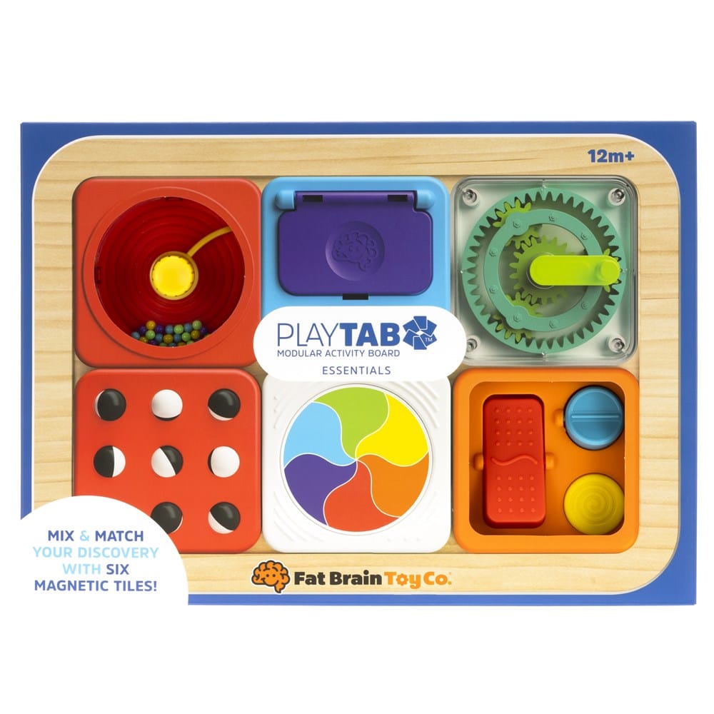 Modular activity board toy with five colorful magnetic play areas on a wooden base