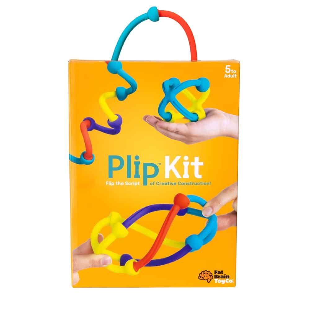 Silicone construction set box with colorful plip toy pieces inside