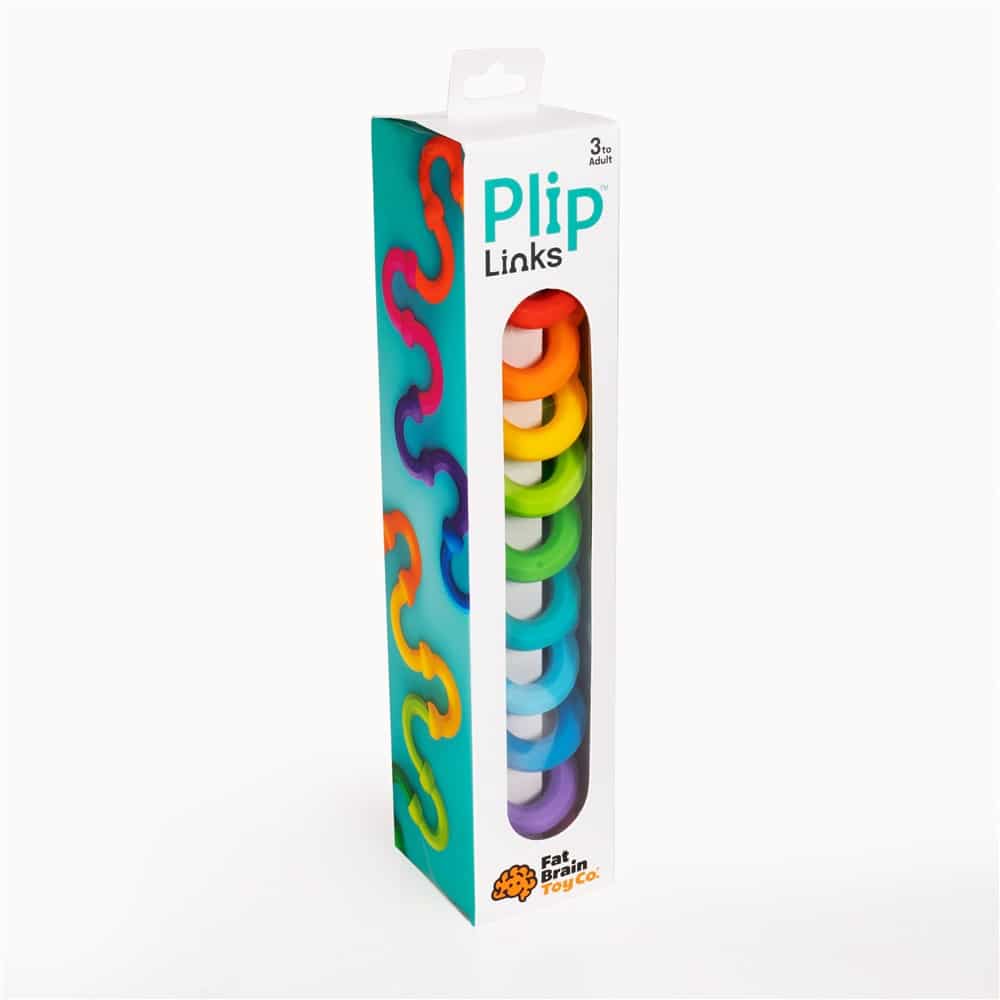 Sensory toy links in retail box, teal package with multicolor connected pieces