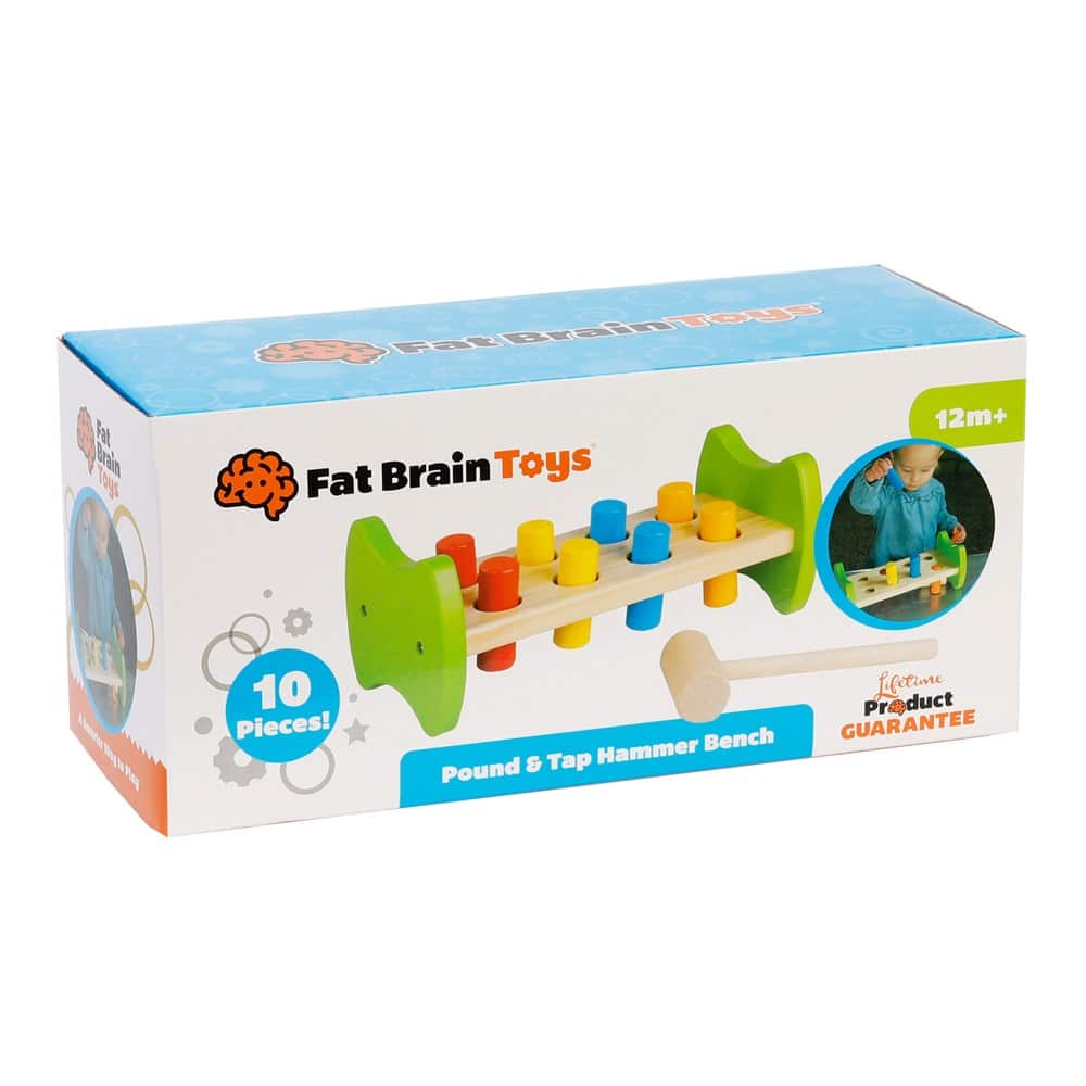 Toy pounding and tap hammer bench in retail box with colorful pegs and wooden mallet