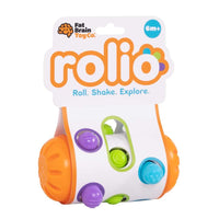 Rolio baby roll toy with orange sides and colorful roller buttons