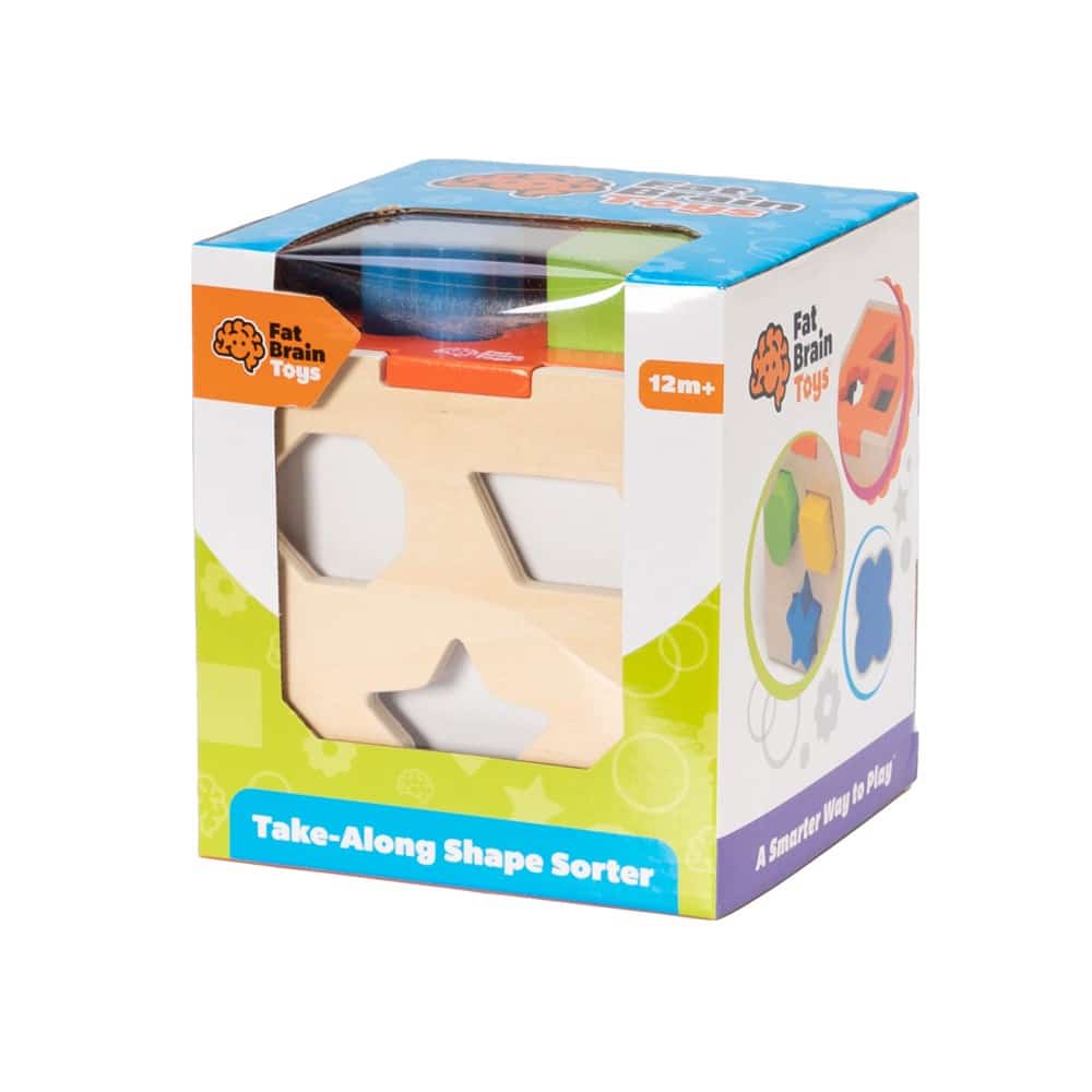 Shape sorter toy retail box with clear window and labeled graphics