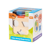 Shape sorter toy retail box with clear window and labeled graphics
