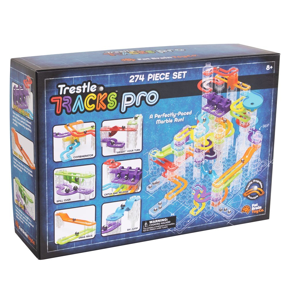 Trestle Tracks Pro marble run set box, 274-piece pack with colorful track graphics