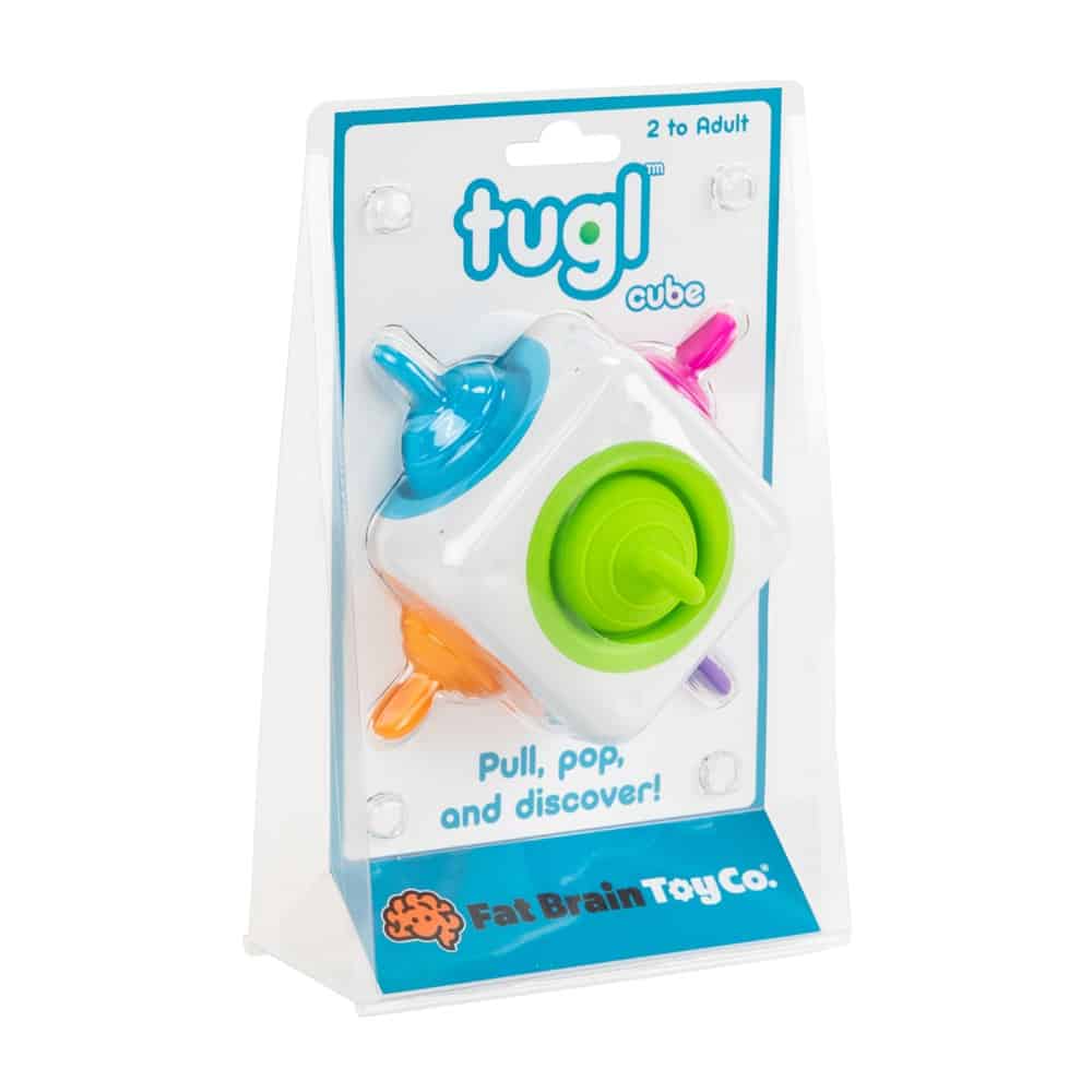Tugy cube toy in retail box with blue, green, pink and orange pop gears