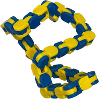 Fidget chain puzzle bracelet with blue and yellow interlocking link segments.
