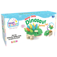 Green dinosaur sorting toy with colorful spikes in blue Magic Sensory box