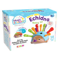 Echidna quill sorting sensory toy in box, colorful quills and smiling animal design