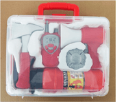 Deluxe firefighter dress-up kit in clear plastic case with red jacket, gloves, hat