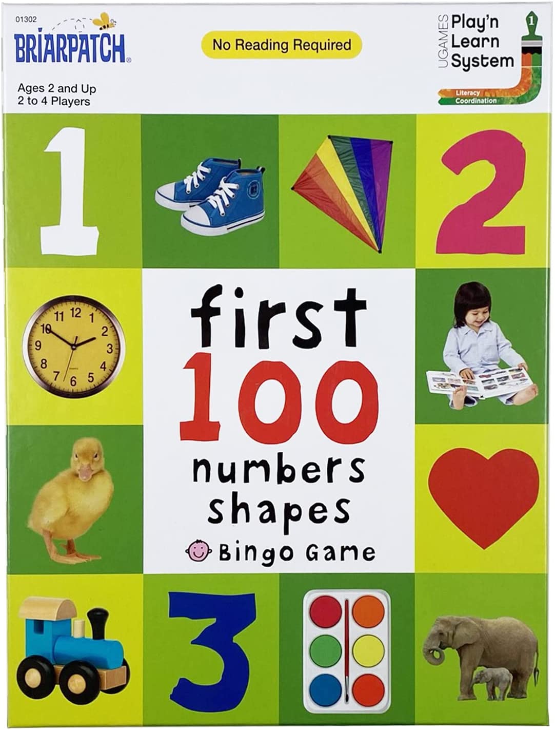 Number and shape bingo game box front with 1, 2, and first 100 text