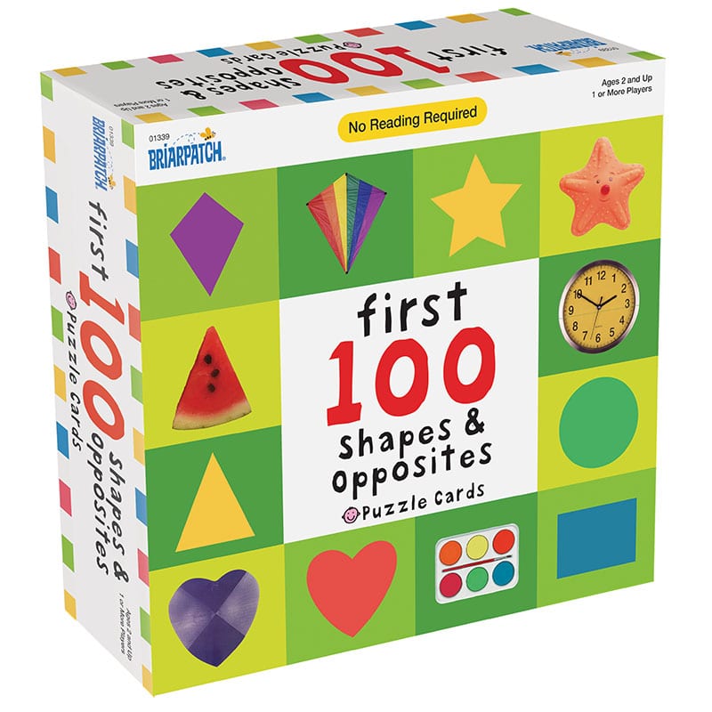 Puzzle cards box with colorful shapes and opposites, ages 2+