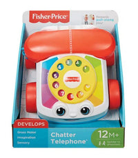 Colorful plastic talking telephone toy in box with cartoon face and yellow number dial