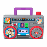 Kids learning boombox toy with purple handle, red knobs, buttons, and speaker