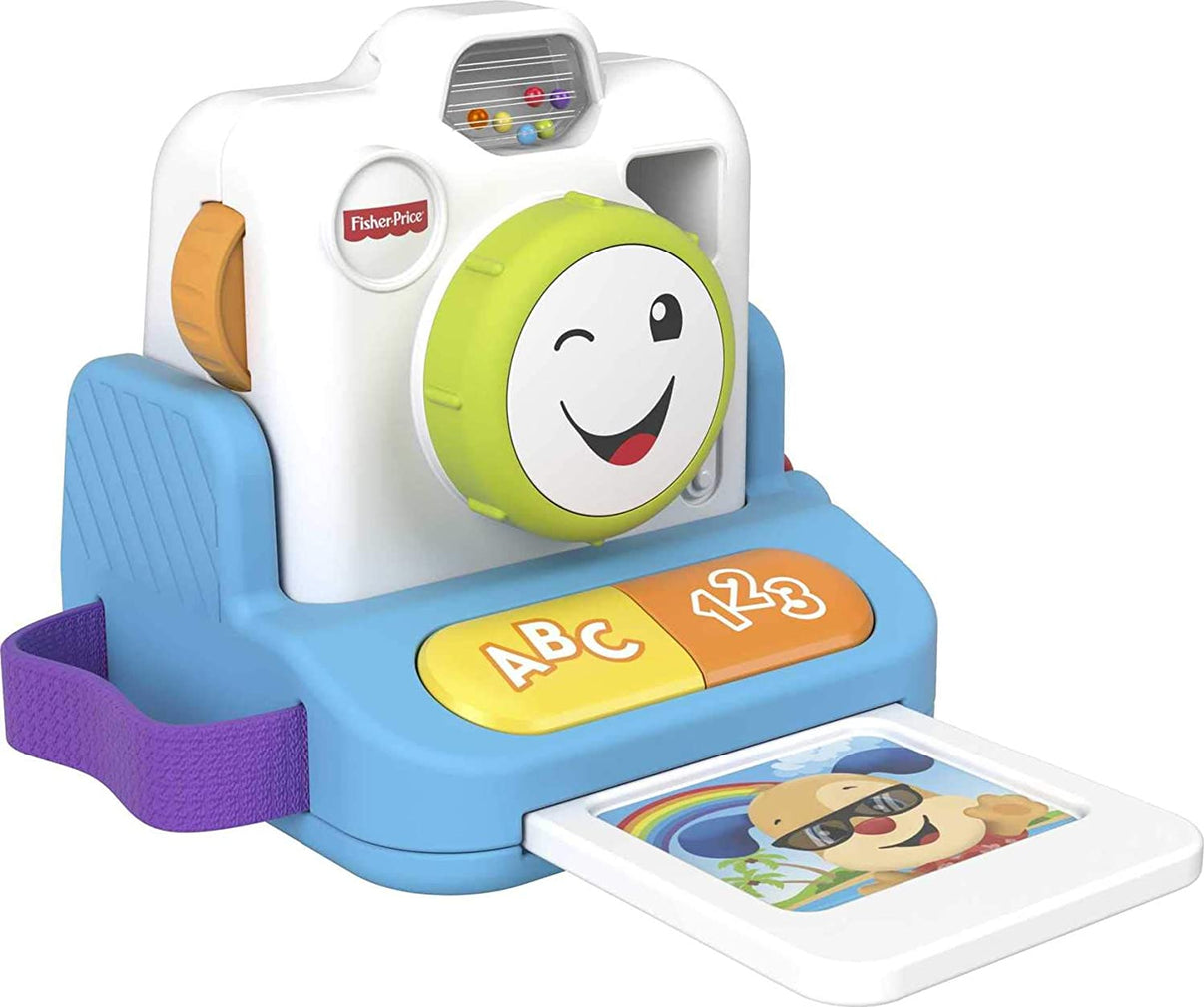 Fisher-Price instant camera toy with green smiling lens, ABC/123 buttons, blue base