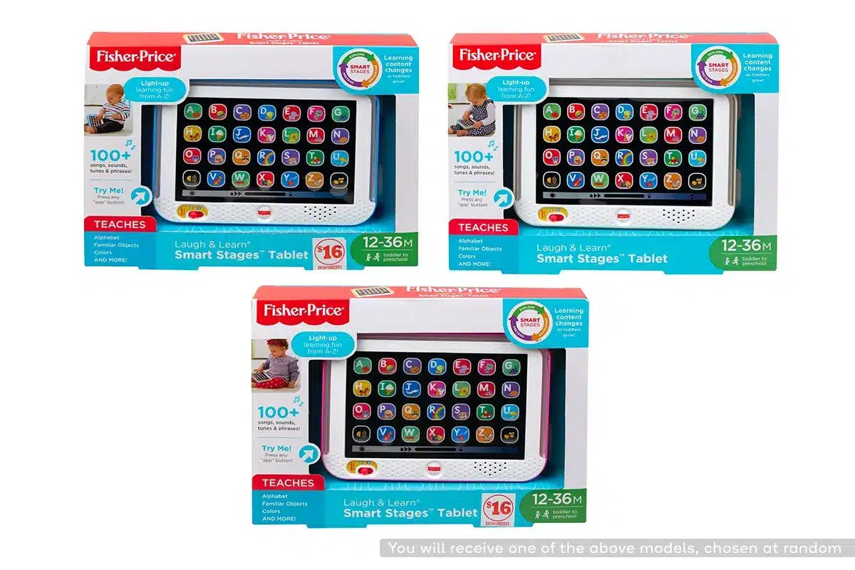 Kids learning tablet in retail box with colorful alphabet icon screen and speaker bar