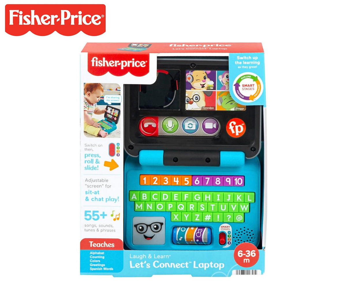 Kids learning laptop toy with black screen frame, colorful icons, and number keyboard