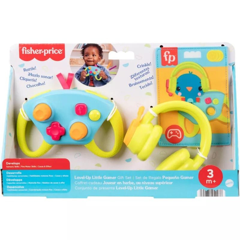 Newborn activity gift set with blue steering-wheel rattle and toy headphones