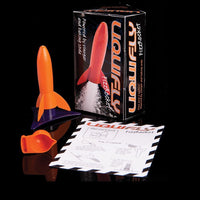 Bicarb powered toy rocket set with orange rocket, instruction sheet, and boxed packaging