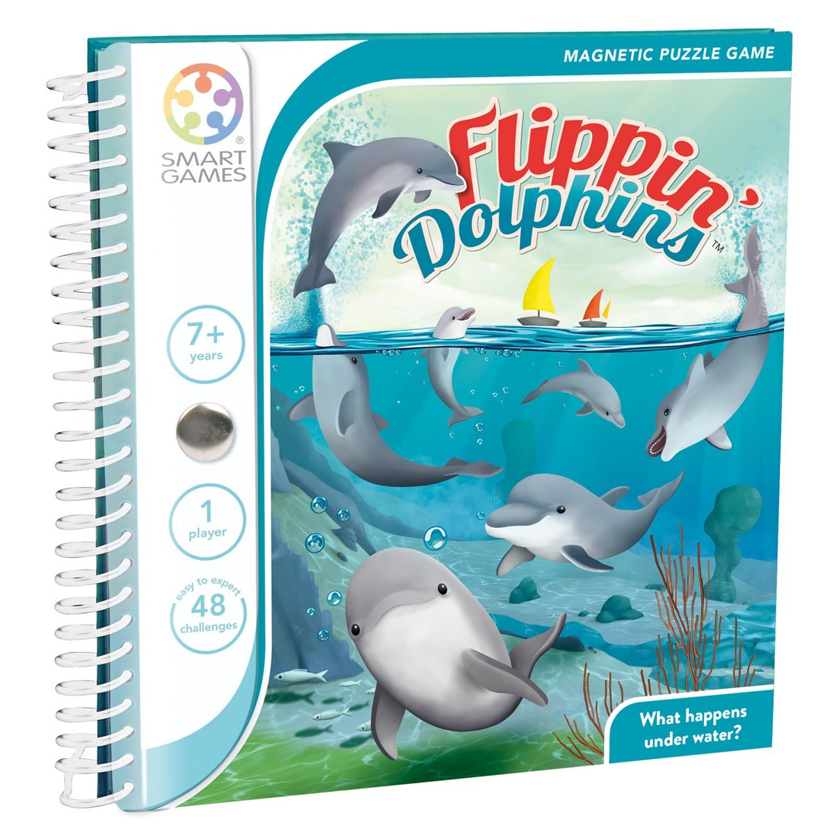 Magnetic puzzle game book with dolphins and playful underwater artwork on the cover.