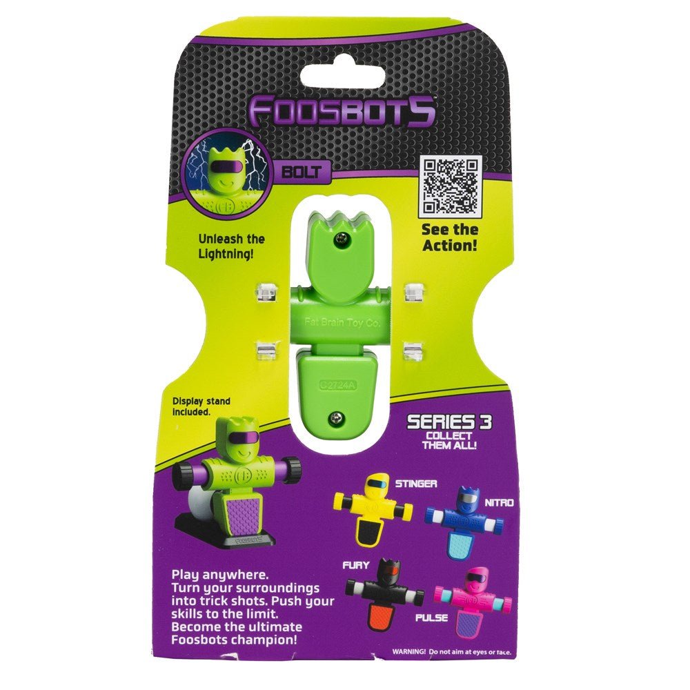 Foosbots Bolt action figure toy on package card, green body with purple details