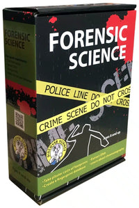 Forensic science kit box with bold "FORENSIC SCIENCE" and police line graphic