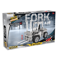 Metal toy forklift construction kit in retail box, movable parts and fork arms