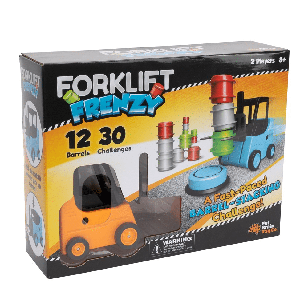Fat Brain Toys forklift stacking game box with orange and blue pieces