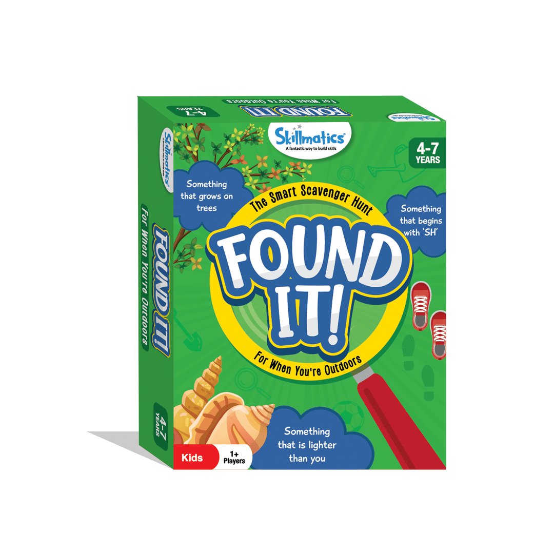 Kids outdoor scavenger hunt card game box, green with Find It! graphics