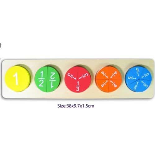 Fraction puzzle board with colorful fraction number circles, 1 to 6