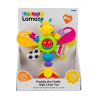 Colorful firefly highchair toy with dangling wings and spinner parts, in retail box