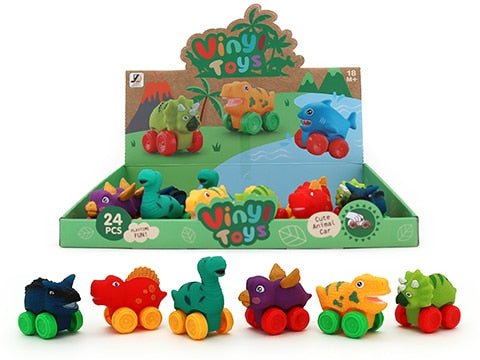 Assorted dinosaur-shaped vinyl toy cars in multiple bright colors